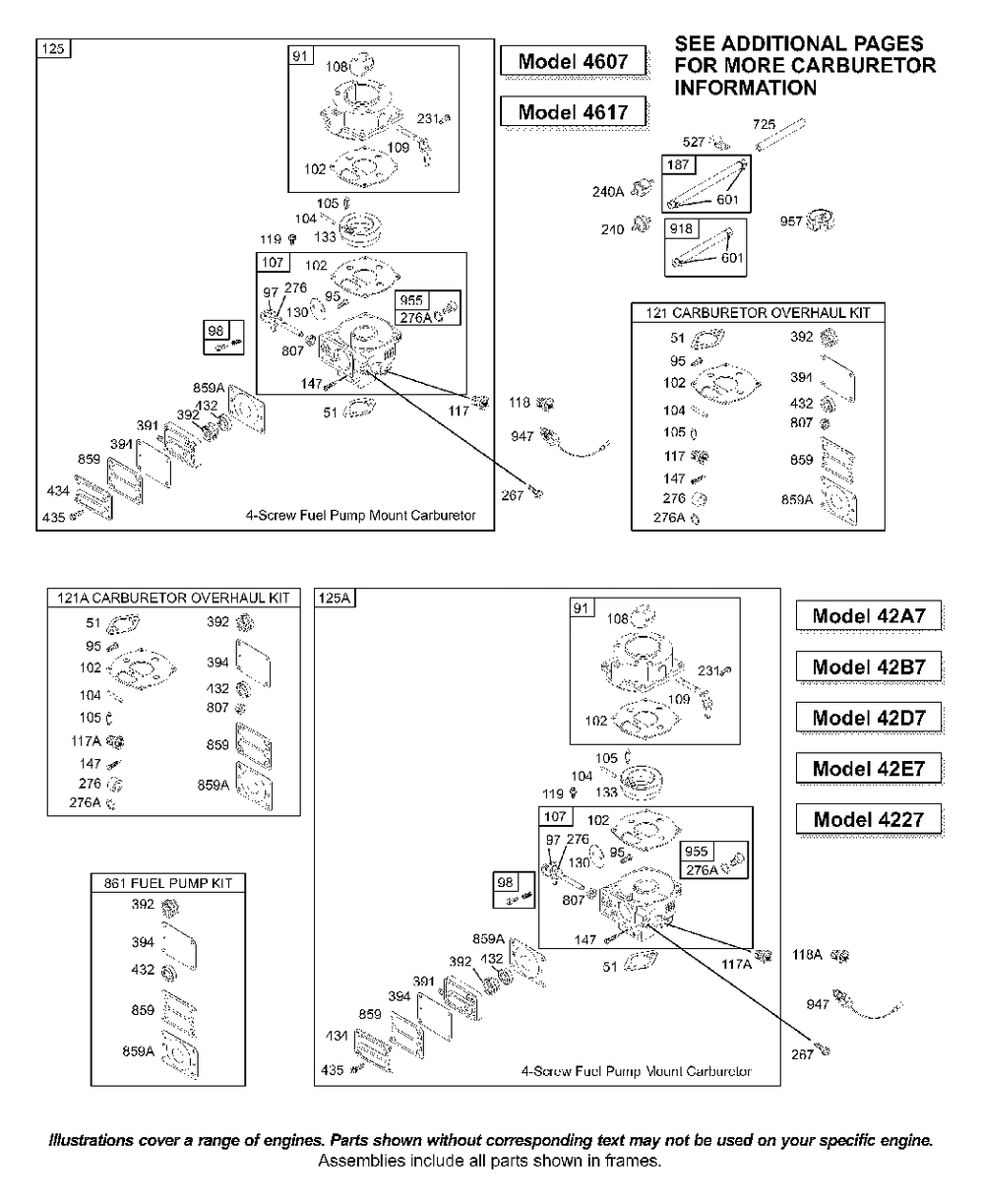 Carburetor, Kits/Gaskets-Carburetor Diagram and Parts List for 42B707-1116-XX  Briggs and Stratton Engine